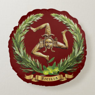 Cojín Redondo Almohadón redondo de Sicilia con Trinacria y rama 