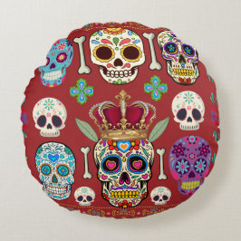 Cojín Redondo Almohadón rojo redondo - Gótico - calavera y hueso