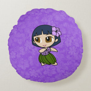 Cojín Redondo Aloha Honeys Purple Hula Chica Hawaiian Hibiscus