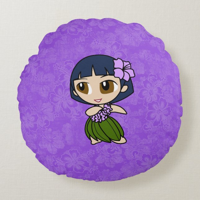 Cojín Redondo Aloha Honeys Purple Hula Chica Hawaiian Hibiscus (Anverso)