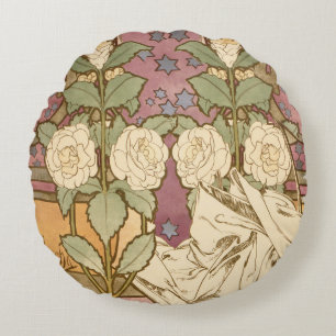 Cojín Redondo Alphonse Mucha Estrellas Elegantes Art Nouveau Cam