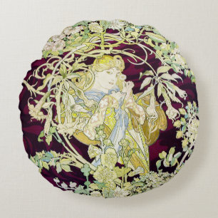 Cojín Redondo Alphonse Mucha Mujer con margarita Art Nouveau Art
