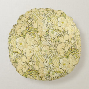 Cojín Redondo Alphonse Mucha Peonías Patrón Floral Art Nouveau