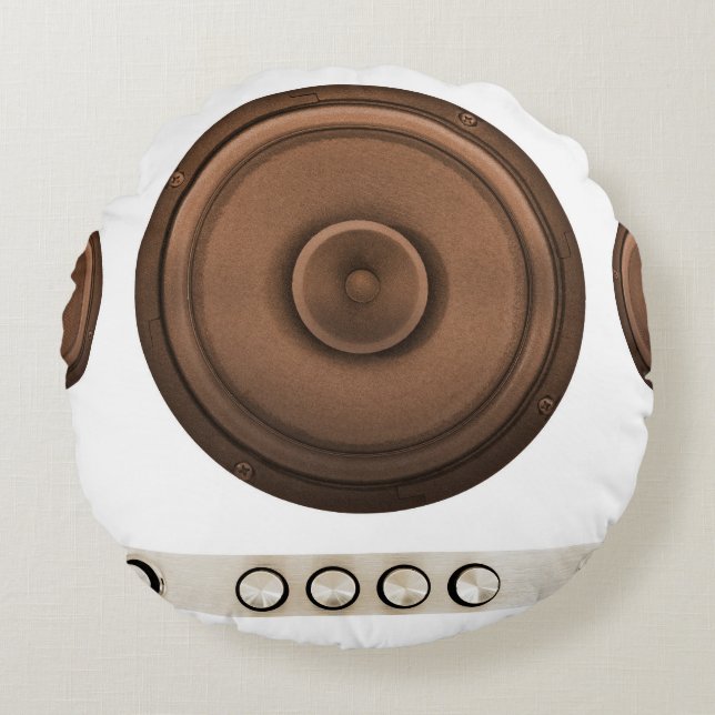 Cojín Redondo Altavoces retro: marrón, blanco aislado. (Anverso)