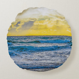 Cojín Redondo Amanecer amarillo sobre el mar azul