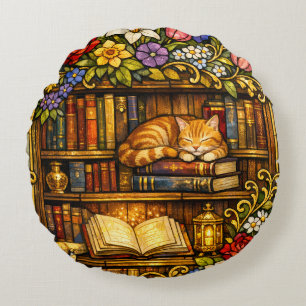 Cojín Redondo Amantes de Libros y Gatos Durmiendo Vidrio Falso M