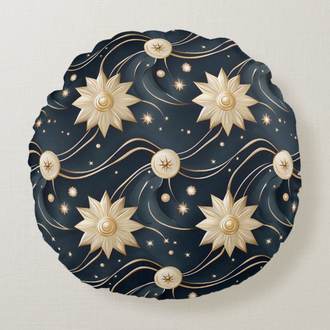 Cojín Redondo Amantes dorados y olas celestes (Anverso)