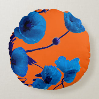 Cojín Redondo Amapolas Crepusculares de Acuarela Floral Azul Ver