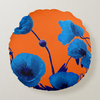 Cojín Redondo Amapolas Florales Acuarela Azul Flores Verano Atar
