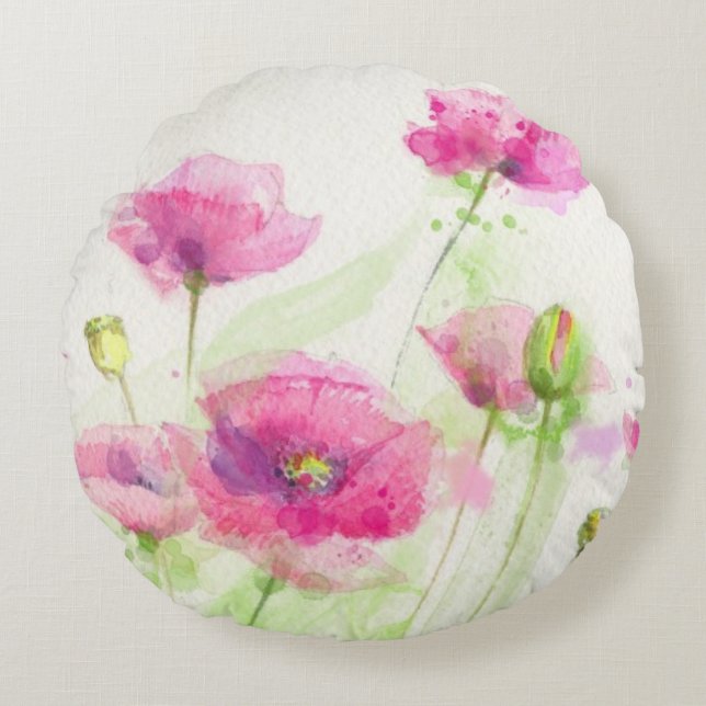 Cojín Redondo Amapolas pintadas 3 de la acuarela (Anverso)
