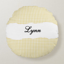 Cojín Redondo Amarillo Rústico Gingham Nombre Personalizado