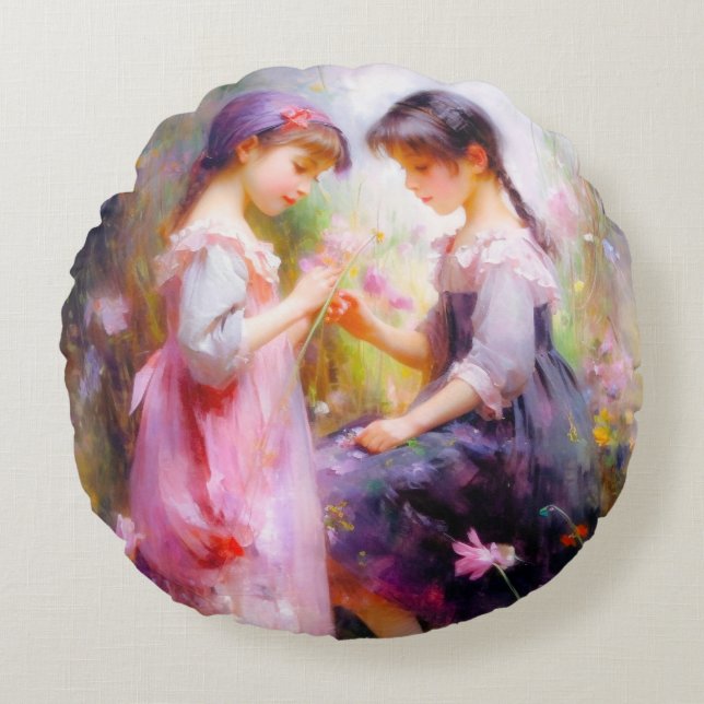 Cojín Redondo Amigos y flores (Anverso)