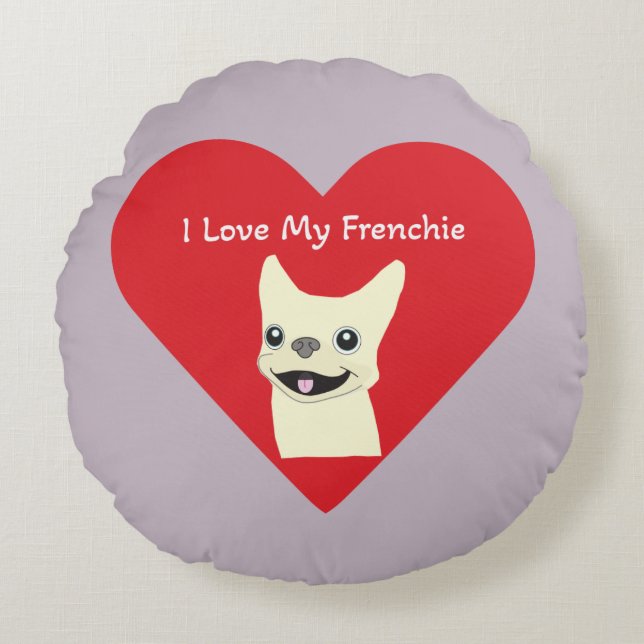 Cojín Redondo Amo a mi Frenchie, Lavender (Anverso)