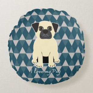 Cojín Redondo Amo a mi Pug, patrón de diamantes azules