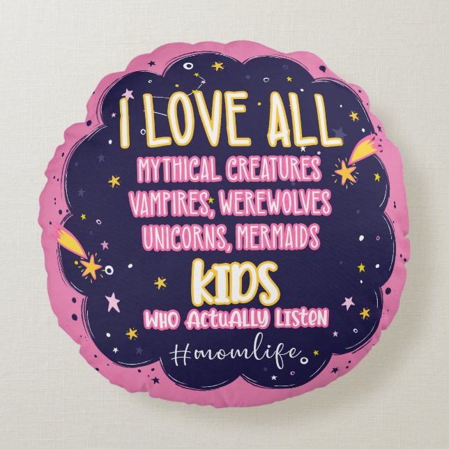 Cojín Redondo Amo Todas Las Criaturas Míticas, Vampiros, Werewol (Anverso)