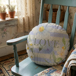 Cojín Redondo Amor Campestre Floral Gingham Azul y Margaritas