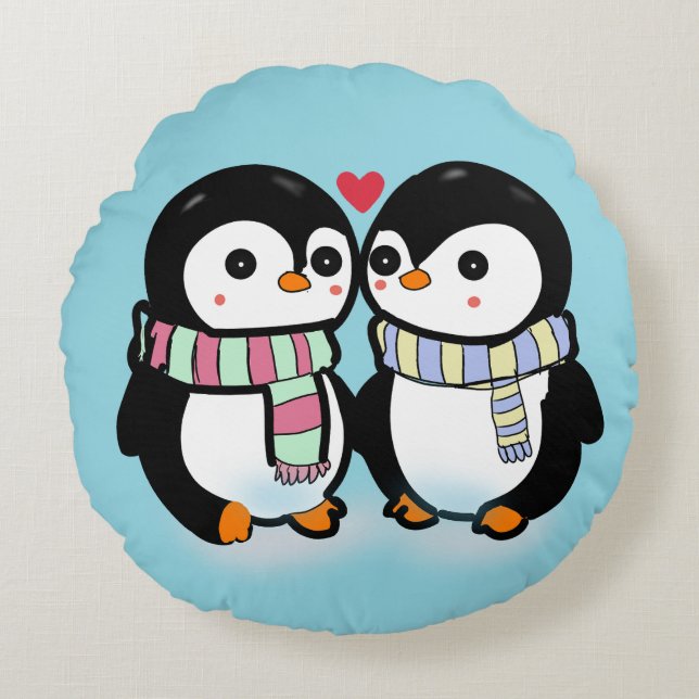 Cojín Redondo Amor de pingüino de invierno personalizado (Anverso)