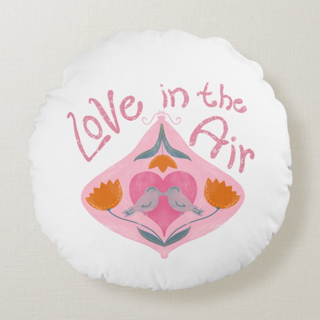 Cojín Redondo Amor en el aire pájaros valentinos y flores (Anverso)
