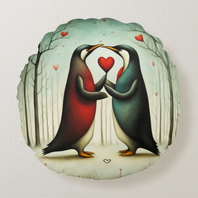 Cojín Redondo Amor pingüino 2 (Anverso)
