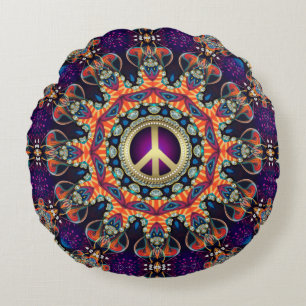 Cojín Redondo Amor y Paz Psicodélico Hippie Groovy