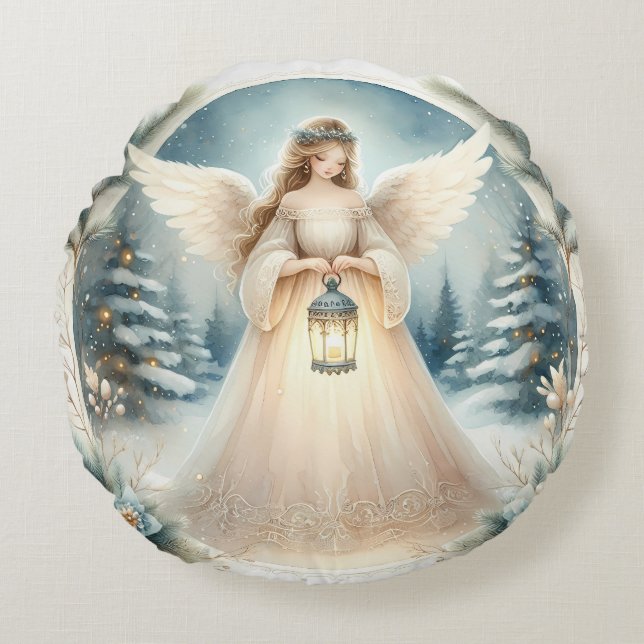 Cojín Redondo Ángel Celestial de Invierno Farol de Esperanza (Anverso)