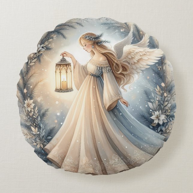 Cojín Redondo Ángel Celestial de Invierno Farol de Paz (Anverso)