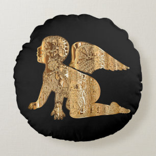 Cojín Redondo Ángel de bebé brillante Alas de oro negro Angélico
