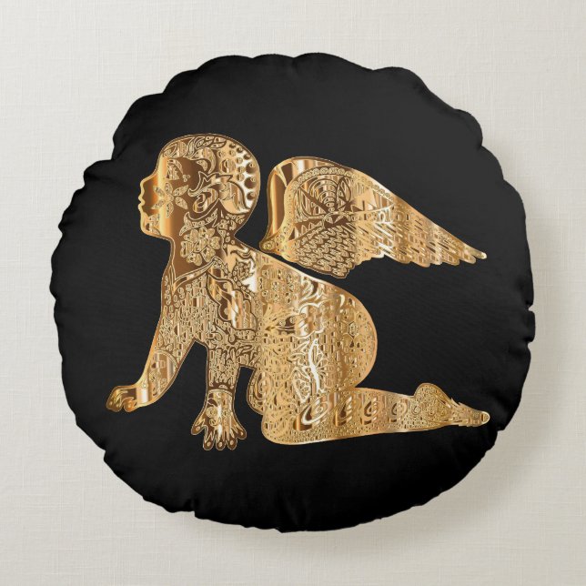Cojín Redondo Ángel de bebé brillante Alas de oro negro Angélico (Anverso)