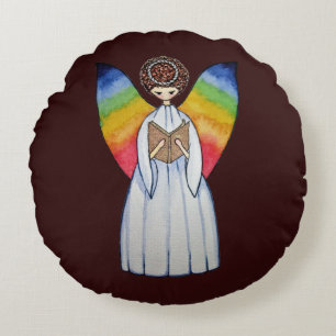 Cojín Redondo Ángel de color de agua con alas arco iris leyendo