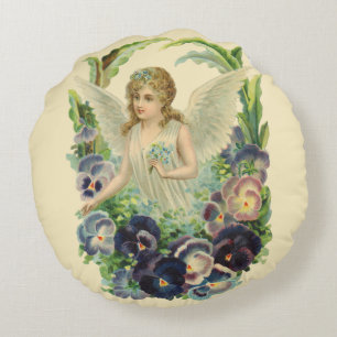 Cojín Redondo Ángel victoriano de Pascua con flores de pensamien