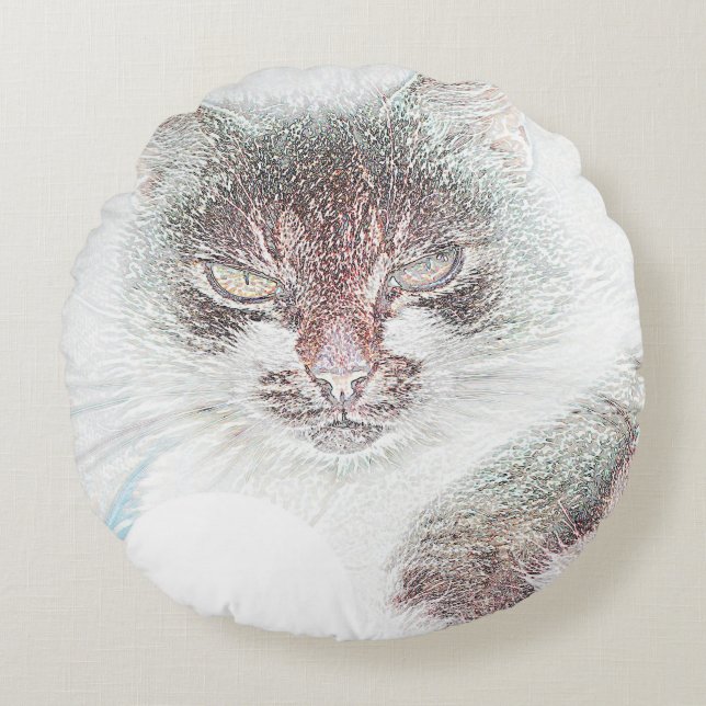 Cojín Redondo Angry Cute Cate Face Sketch (Anverso)