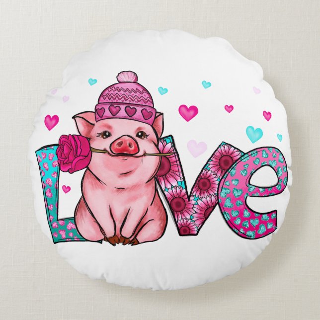 Cojín Redondo Animales de granja de amor, cerdo de amor, tiro de (Anverso)