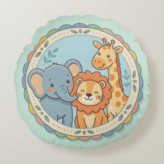 Cojín Redondo Animales de Safari Pastel Elefante León Jirafa