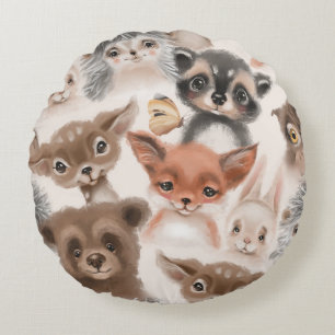 Cojín Redondo Animales de Woodland: Patrón de color de agua sin