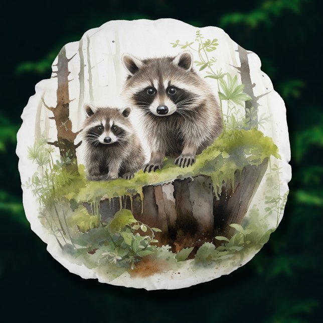 Cojín Redondo Animales De Woodland Raccoons Niños De La Sala Dec (Woodland Animals Raccoons Nursery Kids Room Decor Round Pillow)