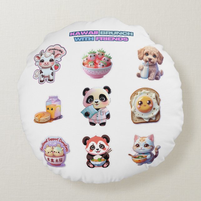 Cojín Redondo Animales y Comida con Tema Kawaii (Reverso)