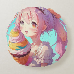 Cojín Redondo Anime Chica con un caprichoso pastel