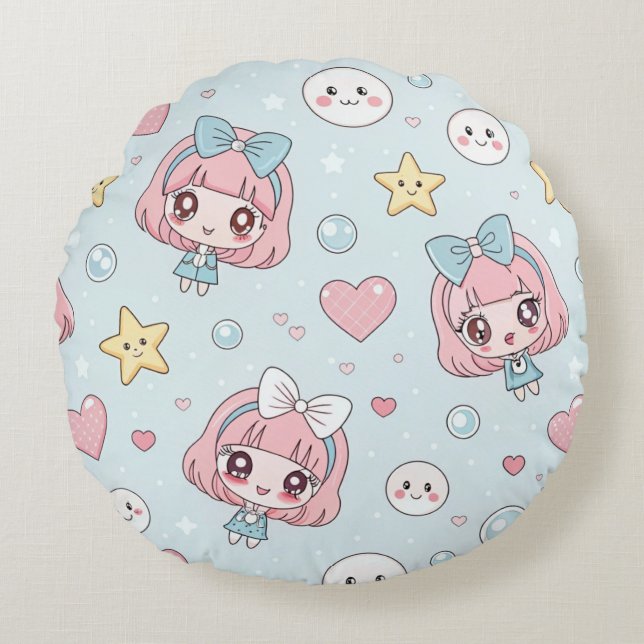 Cojín Redondo  Anime Kawaii with Hearts and Stars (Anverso)