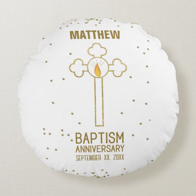 Cojín Redondo Aniversario de la Cruz del Oro del Bautismo Person (Anverso)