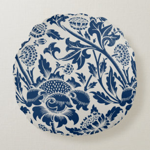 Cojín Redondo Antiguo Ornamental Floral blanco sobre la marina