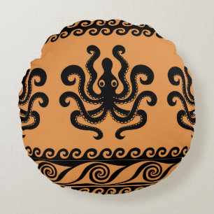 Cojín Redondo Antiguo pulpo griego, patrón de onda
