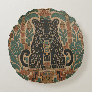 Cojín Redondo Antiguo relieve de piedra con jaguar de la selva