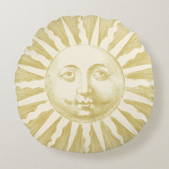 Cojín Redondo Antiguo Vintage Beige Gold Sun Face (Anverso)