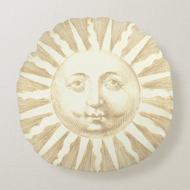 Cojín Redondo Antiguo Vintage Beige Gold Sun Face (Anverso)