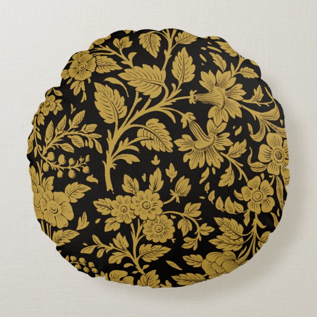 Cojín Redondo Antique Gold Floral Indian Lac-work Black Pattern (Anverso)