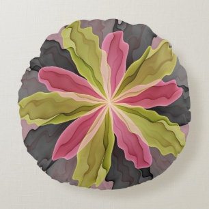 Cojín Redondo Antracita Verde Rosa Fantasía Flor Fractal Art