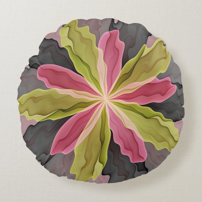 Cojín Redondo Antracita Verde Rosa Fantasía Flor Fractal Art (Anverso)