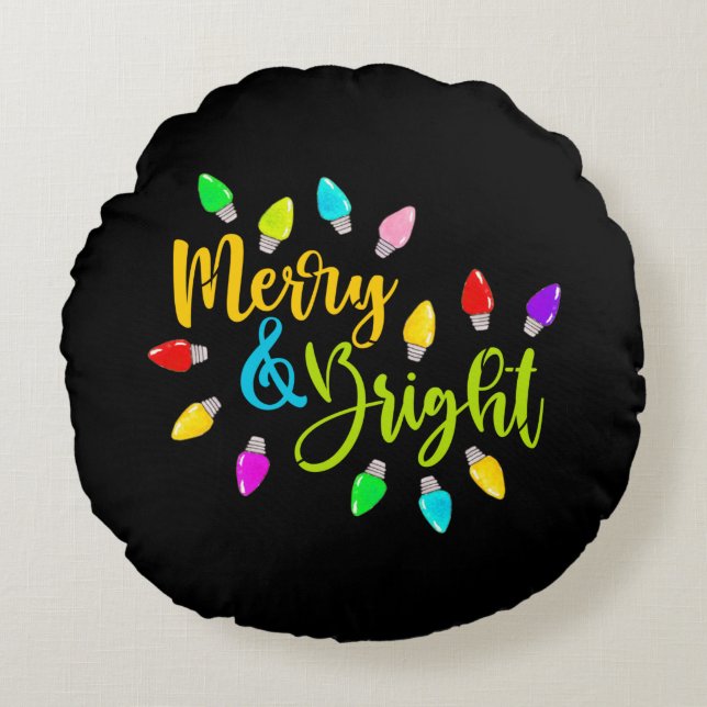 Cojín Redondo *~* AP44 Luces de Navidades coloridas y merry (Anverso)