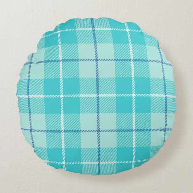 Cojín Redondo Aqua Tartan Plaid (Anverso)