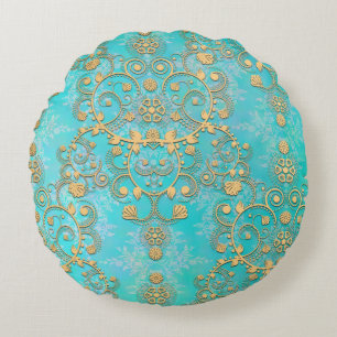 Cojín Redondo Aqua y oro amarillo Damask lujoso